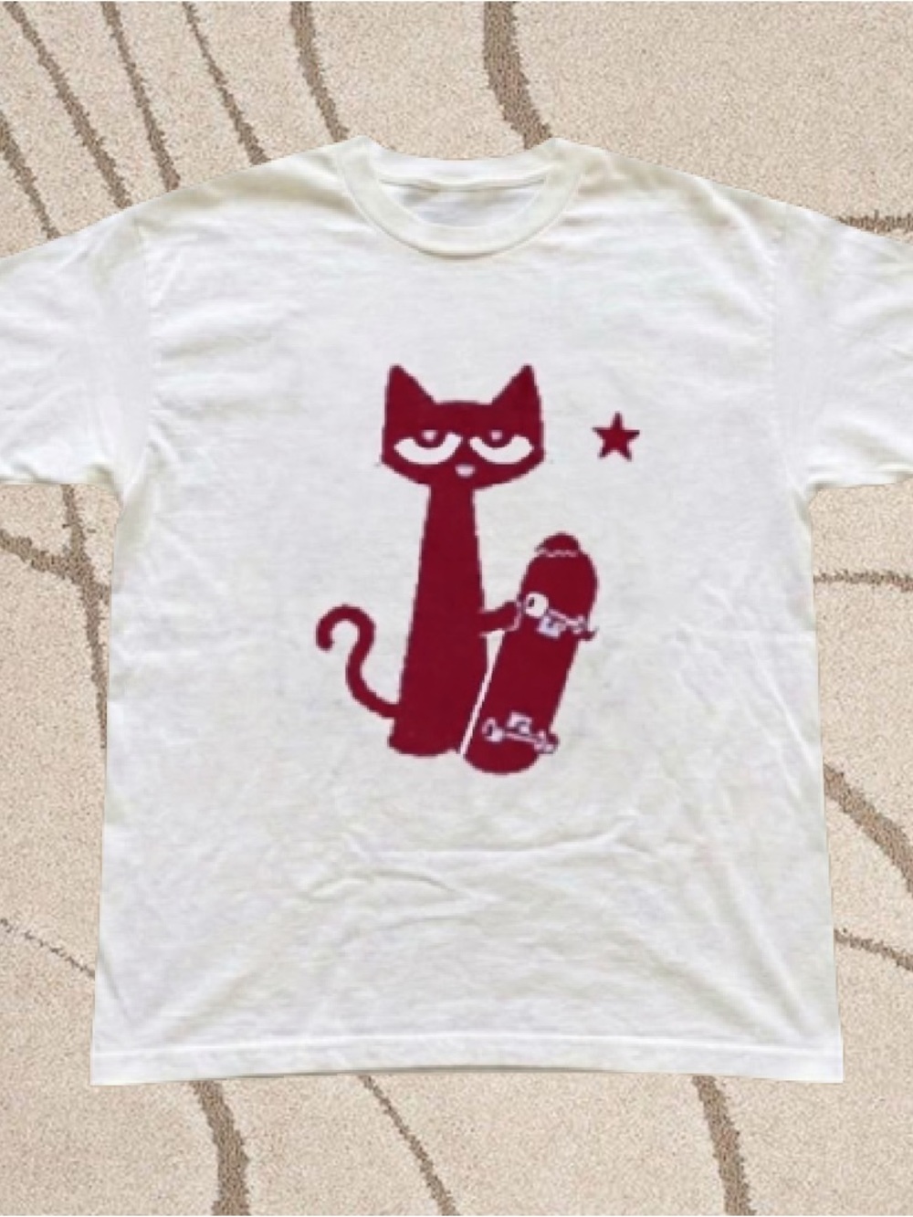 Gildan White Tee with Maroon Cat Skateboard Graphic
